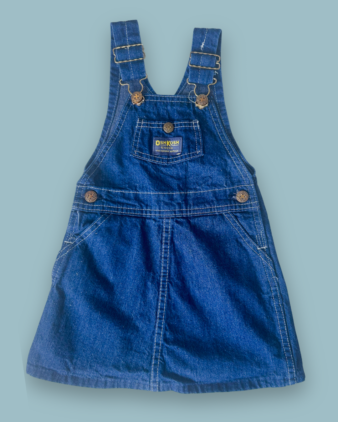 Vintage OshKosh Dark Wash Dungaree Dress, approx 2-4yrs - Teal & Peach