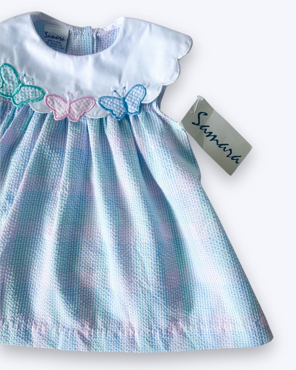 Vintage Gingham Butterfly Collar Dress & Shorts, approx 1-2+ years