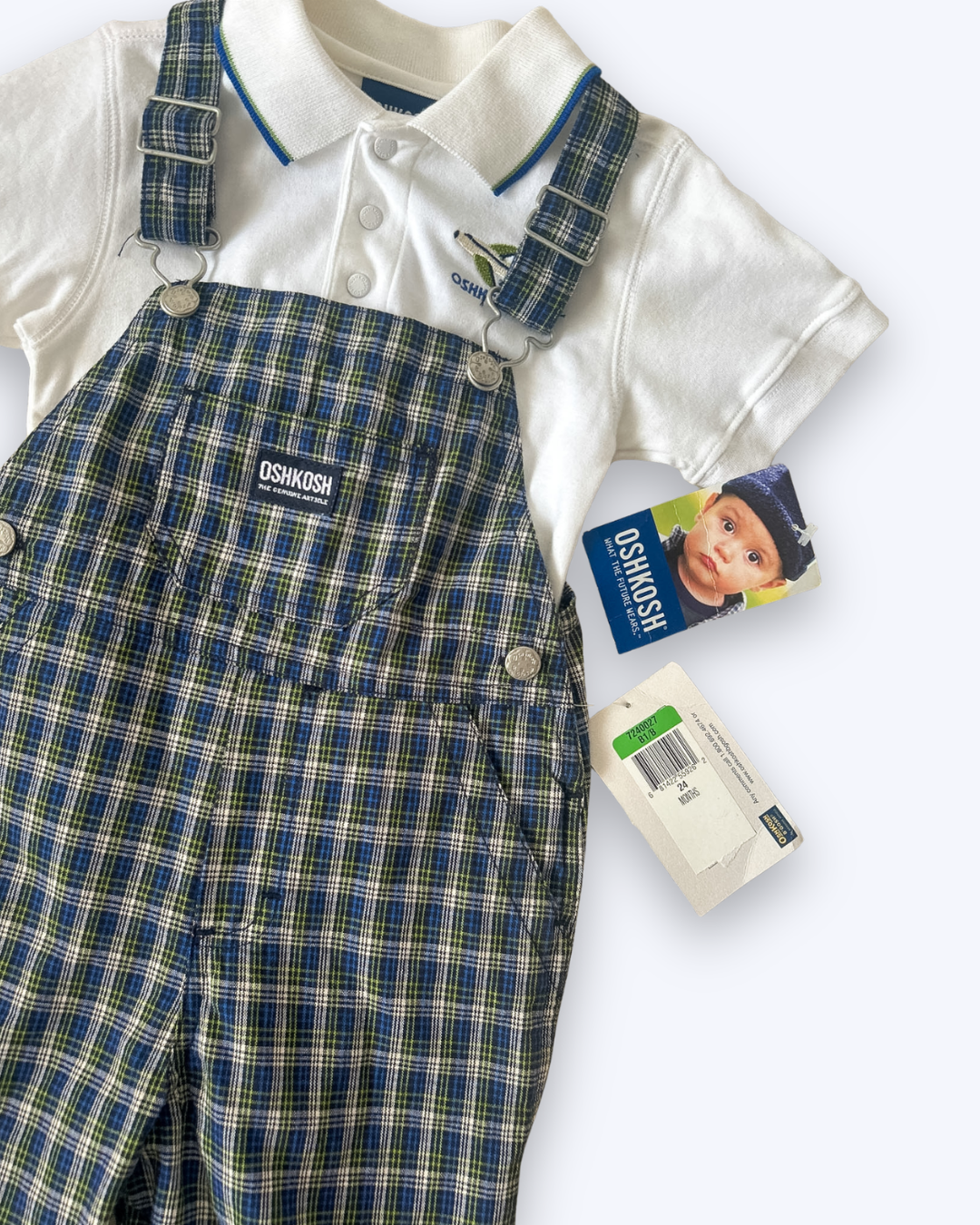 Unworn Y2k era OshKosh Check Shortalls & Bodysuit, approx 2-3yrs