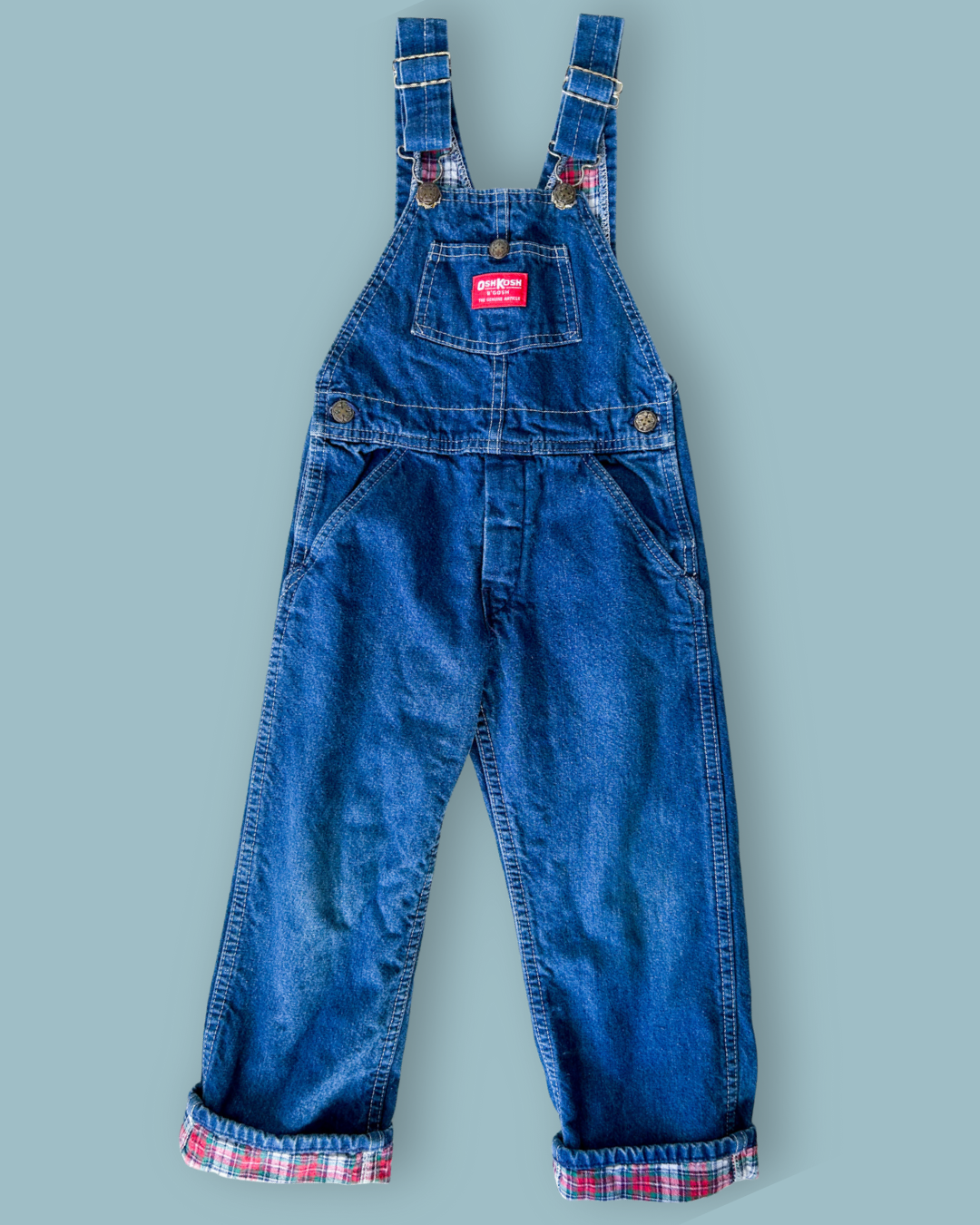 Vintage OshKosh Tartan Lined Denim Dungarees, approx 4+ years