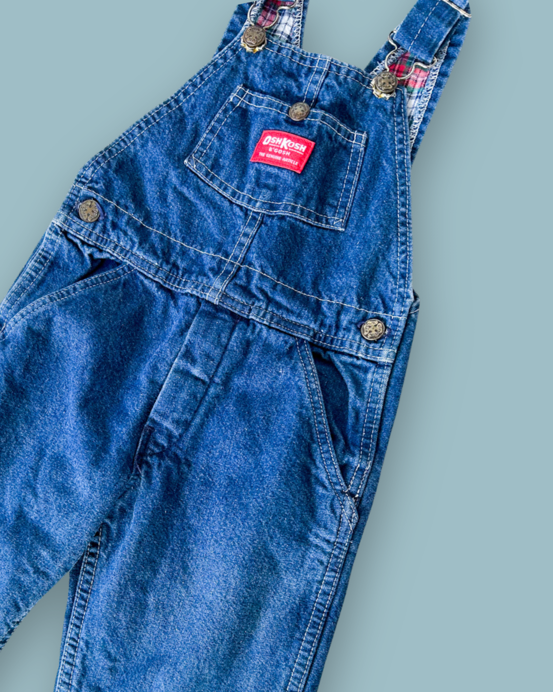 Vintage OshKosh Tartan Lined Denim Dungarees, approx 4+ years