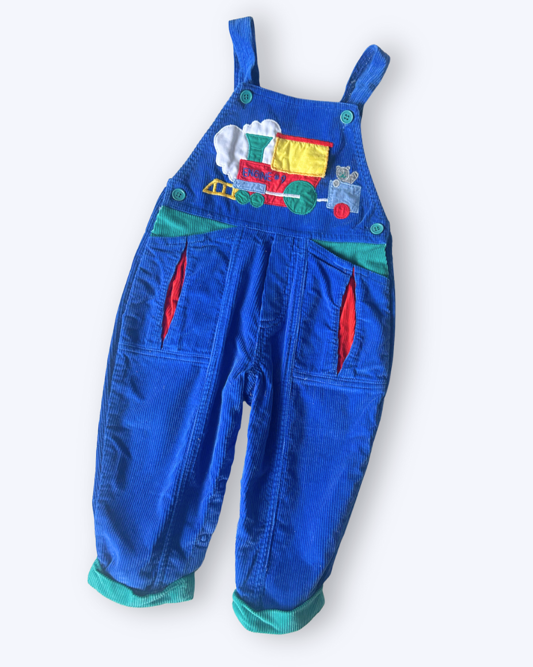 Vintage Train Lift The Flap Dungarees, approx 18-24m
