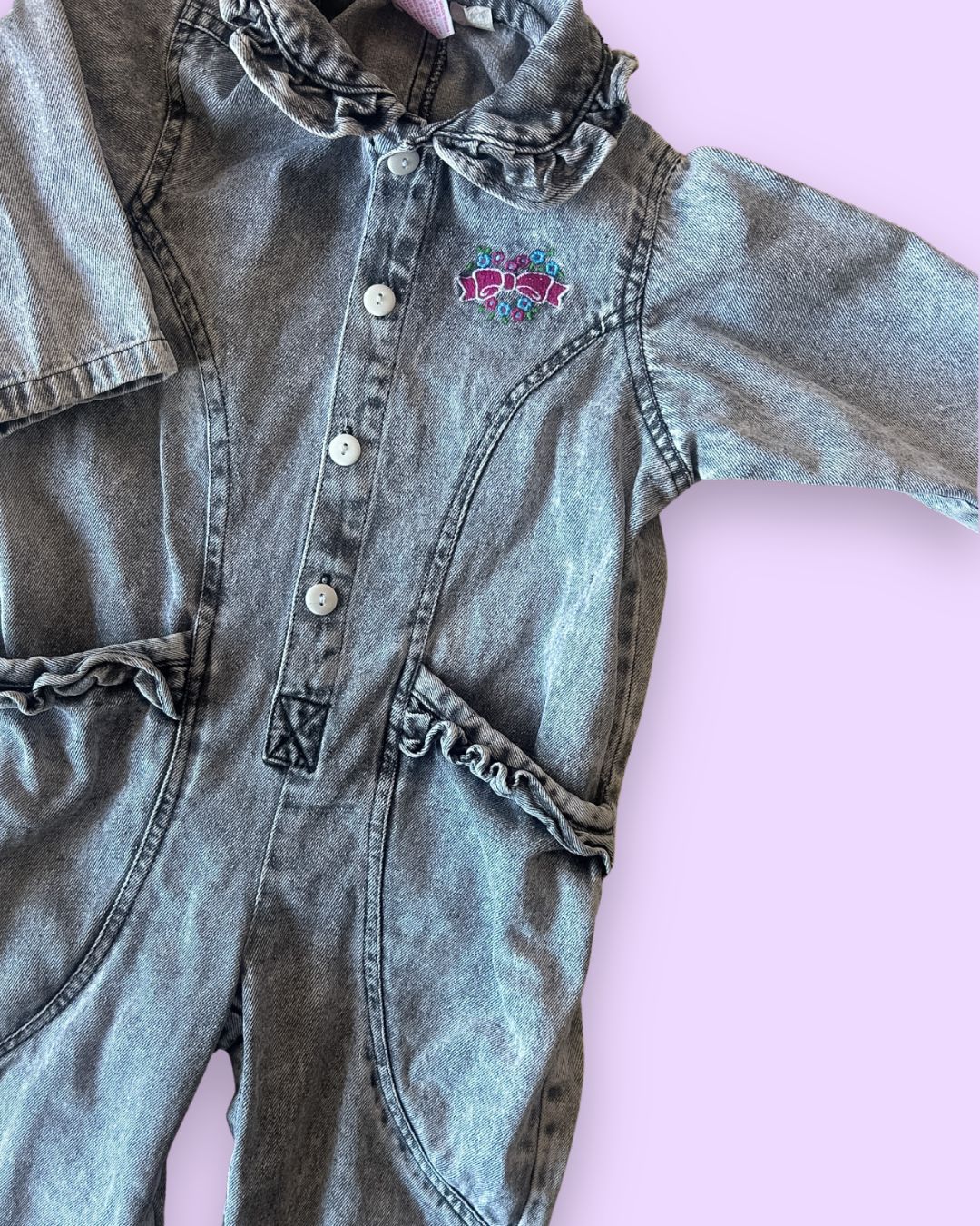 Vintage Bow Design Acid Wash Romper, approx 2 years