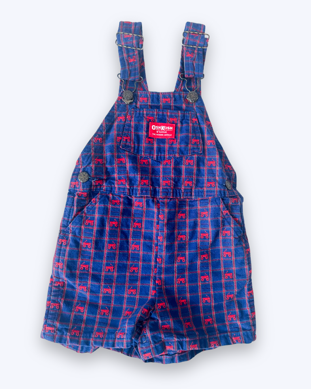 Vintage OshKosh Red Wagon Check Shortalls, approx 3-4+ yrs