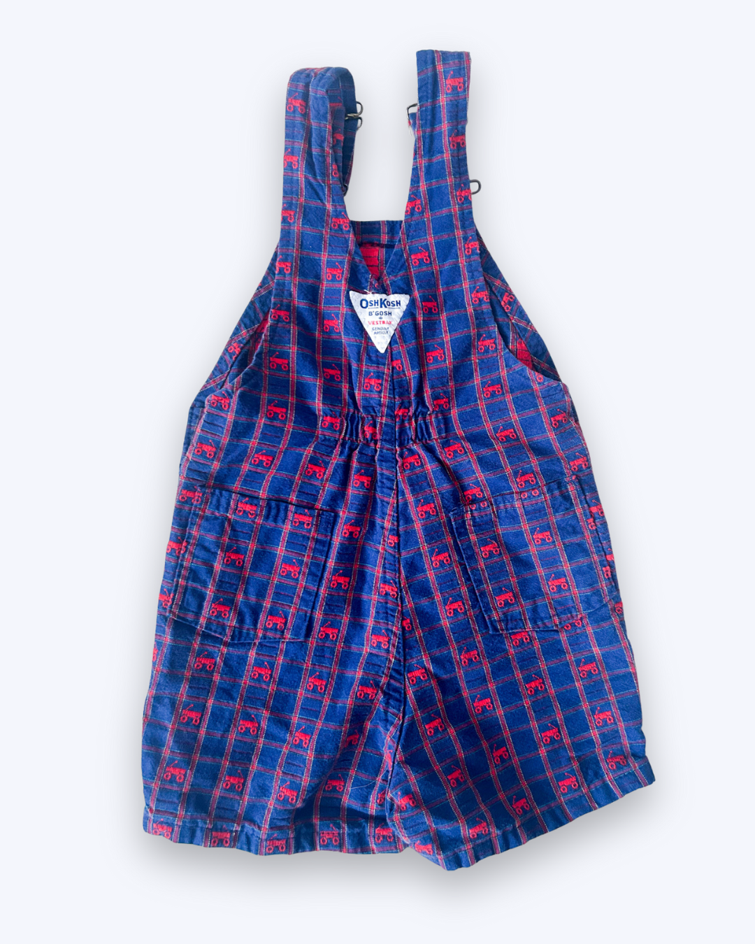 Vintage OshKosh Red Wagon Check Shortalls, approx 3-4+ yrs
