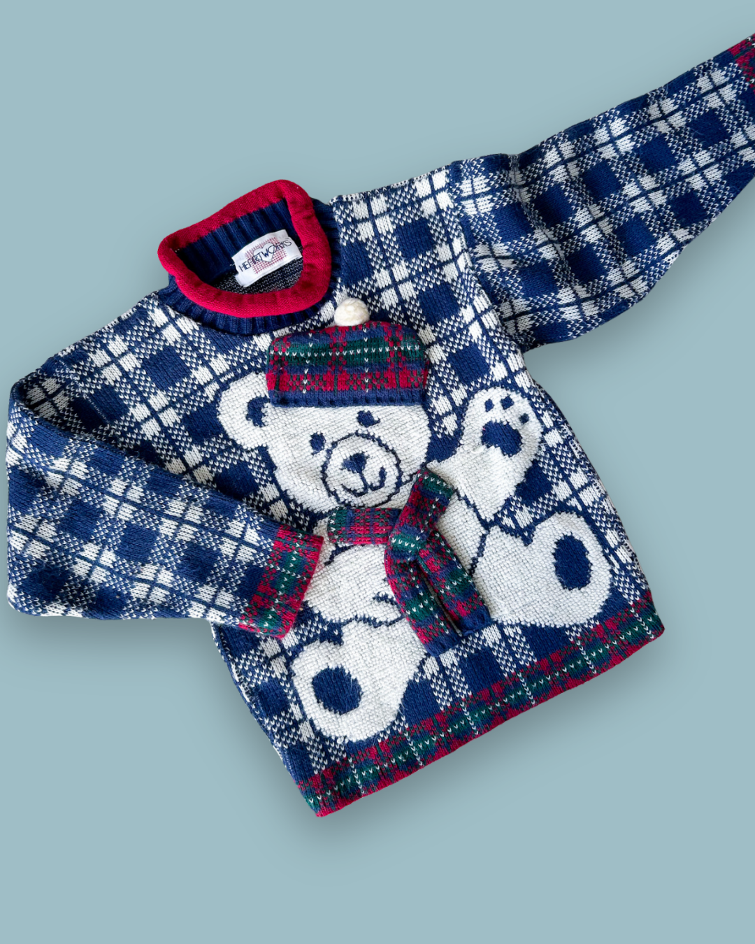 Vintage Tartan Bear Knit Jumper, approx 4-5 yrs