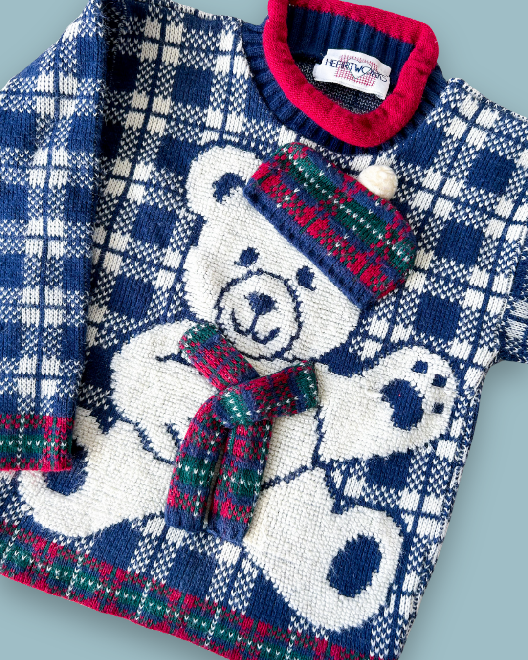 Vintage Tartan Bear Knit Jumper, approx 4-5 yrs