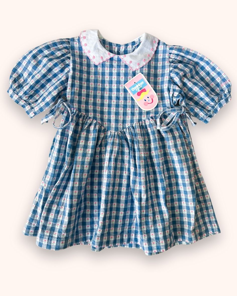 Vintage OshKosh Blue Gingham & Tulip Dress, approx 2-3+ years