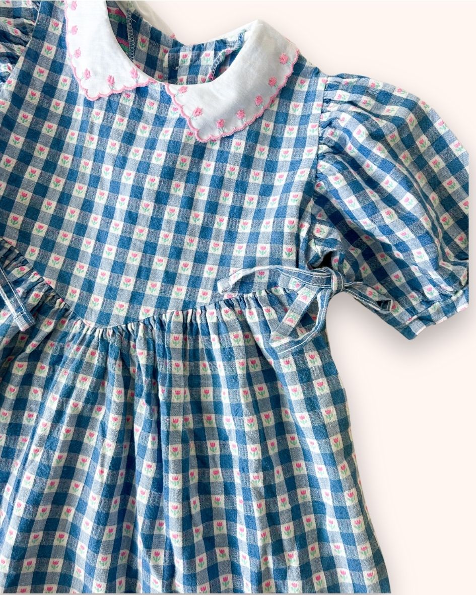Vintage OshKosh Blue Gingham & Tulip Dress, approx 2-3+ years